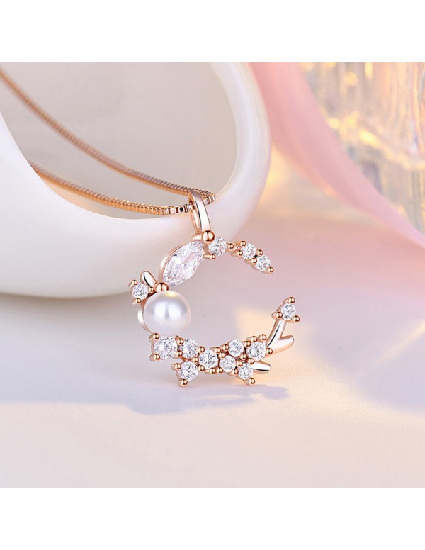 Jewels Galaxy Rose Gold Plated American Diamond Studded Moon Shape Contemporary Korean Pendant