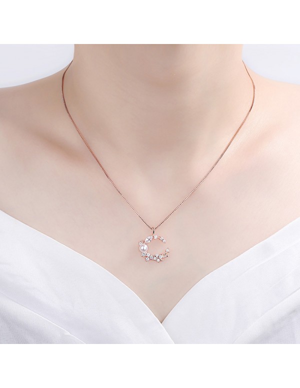 Jewels Galaxy Rose Gold Plated American Diamond Studded Moon Shape Contemporary Korean Pendant