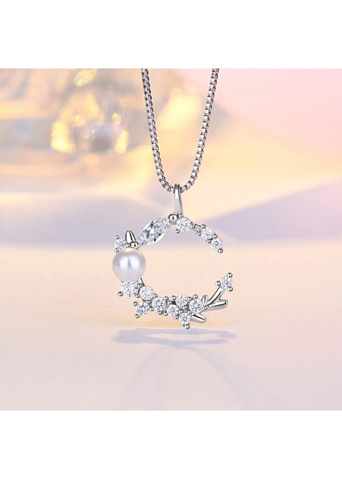 Jewels Galaxy Silver Plated American Diamond Studded Moon Shape Contemporary Korean Pendant
