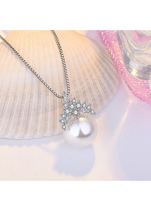 Jewels Galaxy Silver Plated American Diamond Studded Crown Like Pearl Studded Korean Pendant