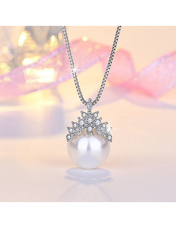 Jewels Galaxy Silver Plated American Diamond Studded Crown Like Pearl Studded Korean Pendant