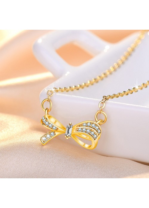 Jewels Galaxy Gold Plated American Diamond Studded Bow Like Contemporary Korean Pendant