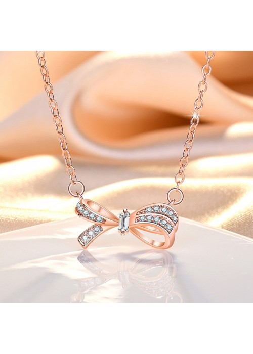 Jewels Galaxy Rose Gold Plated American Diamond Studded Bow Like Contemporary Korean Pendant