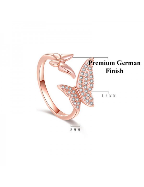 Jewels Galaxy Rose Gold Plated American Diamond Studded Butterfly Shape Contemporary Finger Ring