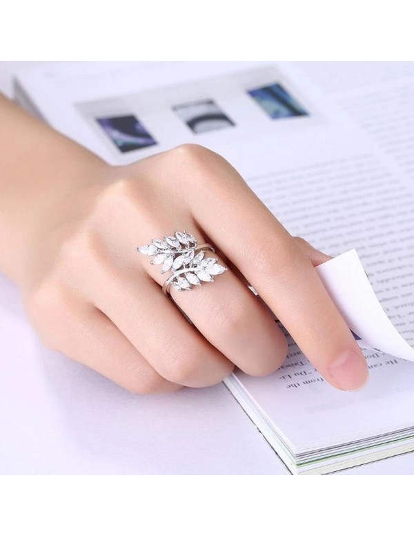 Jewels Galaxy Fascinating Crystal Leaf Design Silver Plated Adjustable Ring For Women/Girls 5168