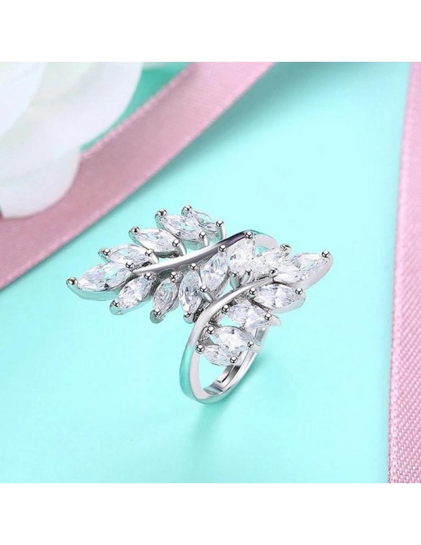 Jewels Galaxy Fascinating Crystal Leaf Design Silver Plated Adjustable Ring For Women/Girls 5168