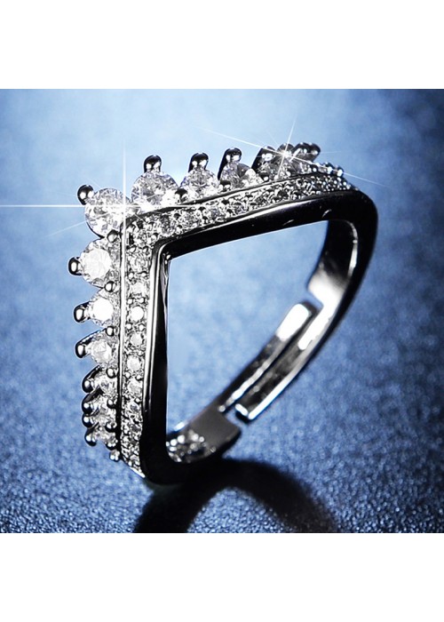 Jewels Galaxy Silver Plated American Diamond Studded V Shape Contemporary Adjustable Finger Ring
