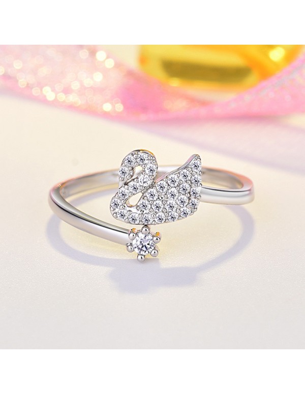 Jewels Galaxy Silver Plated American Diamond Studded Swan Shape Contemporary Korean Finger Ring