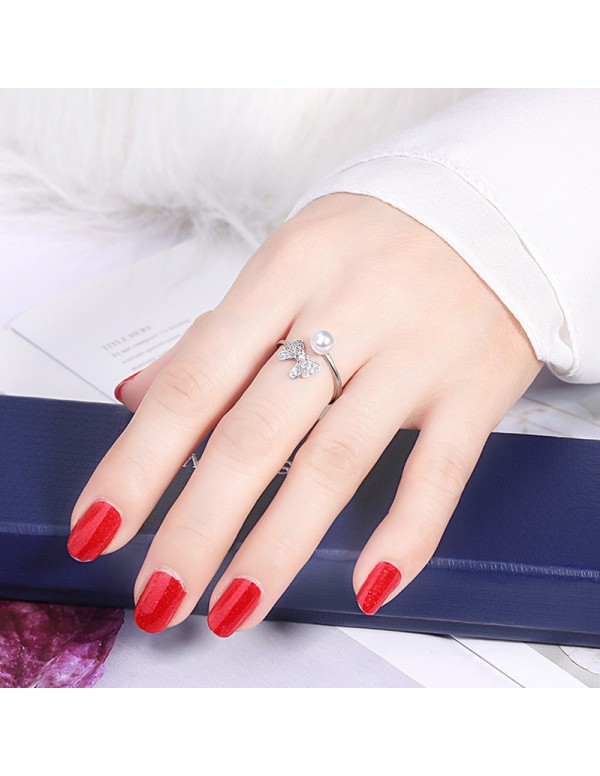 Jewels Galaxy Silver Plated American Diamond Studded Butterfly Shape Contemporary Korean Finger Ring