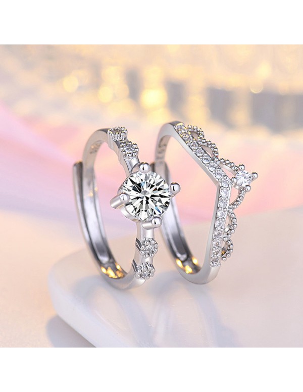 Jewels Galaxy Silver Plated American Diamond Studded Crown Shape Contemporary Korean Finger Ring