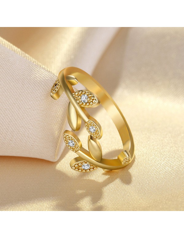 Jewels Galaxy Gold Plated American Diamond Studded Leaf Inspired Contemporary Korean Finger Ring