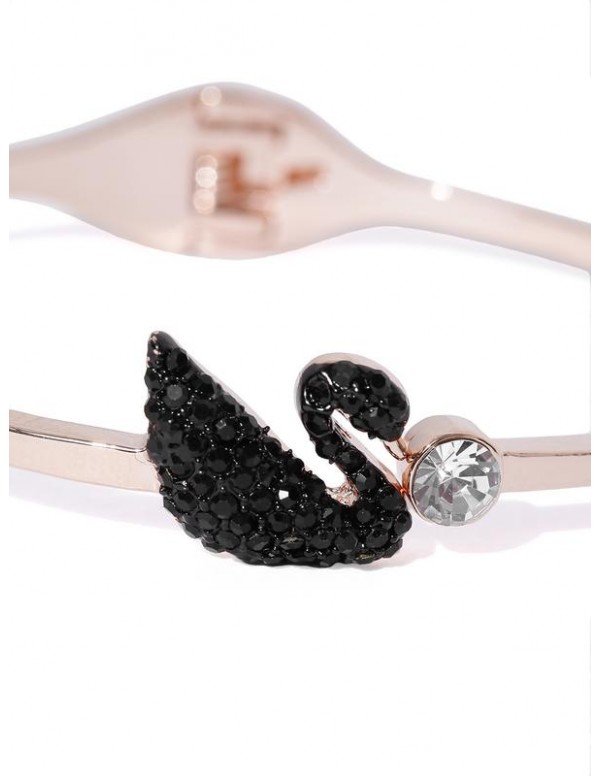 Black Rose Gold-Plated Swan-Shaped Stone-Studded Handcrafted Cuff Bracelet 3241