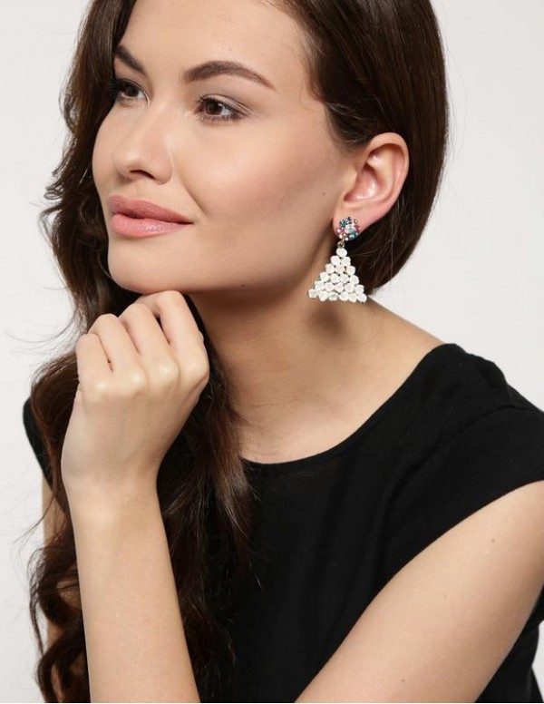 Jewels Galaxy Off-White Gold-Plated CZ Stone-Studded Floral Handcrafted Drop Earrings 2304