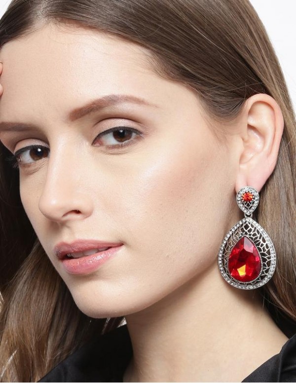 Jewels Galaxy Red Silver-Plated Teardrop-Shaped Drop Earrings 2343