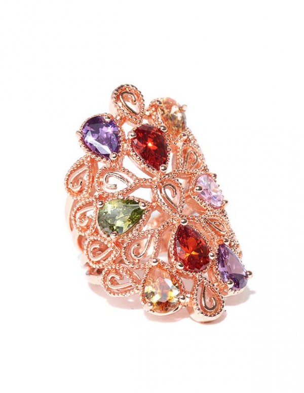 Jewels Galaxy Multicoloured 18K Rose Gold-Plated Stone-Studded Ring 5007