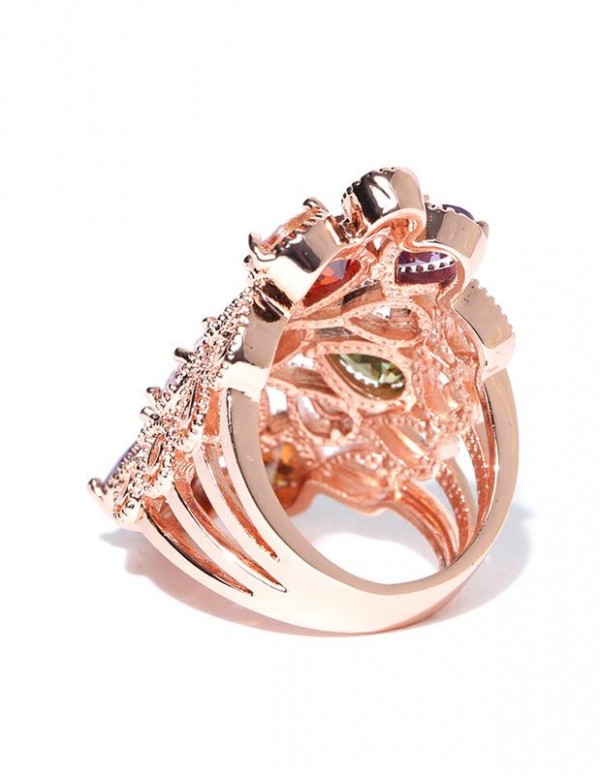 Jewels Galaxy Multicoloured 18K Rose Gold-Plated Stone-Studded Ring 5007