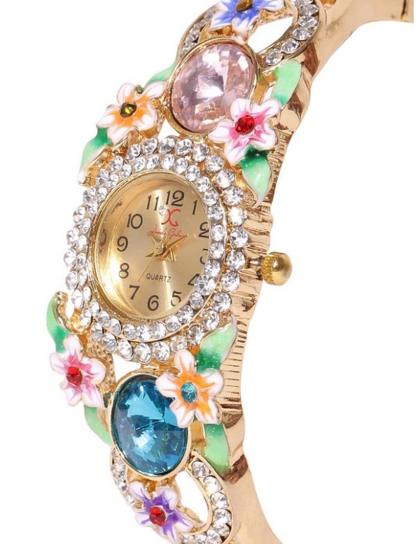 Jewels Galaxy Multicoloured Gold-Plated Brass Handcrafted Bangle-Style Bracelet cum Watch 9024