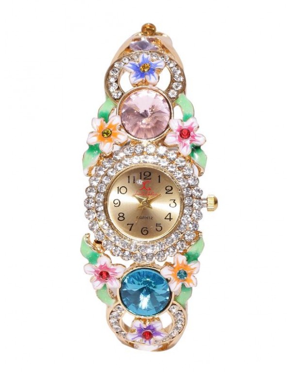 Jewels Galaxy Multicoloured Gold-Plated Brass Handcrafted Bangle-Style Bracelet cum Watch 9024