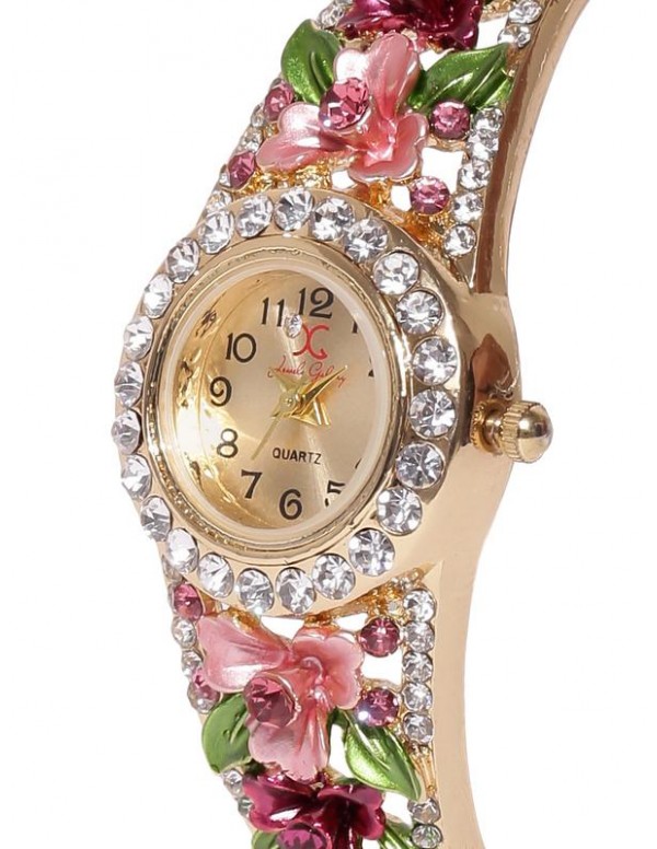 Jewels Galaxy Pink Gold-Plated Handcrafted Bangle-Style Bracelet cum Watch 9075