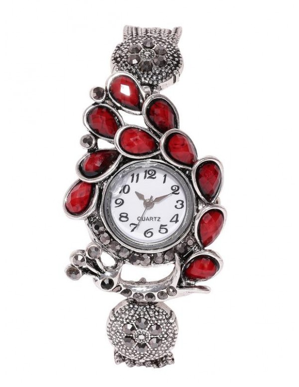 Jewels Galaxy Maroon Silver-Plated Handcrafted Bracelet cum Watch 9088