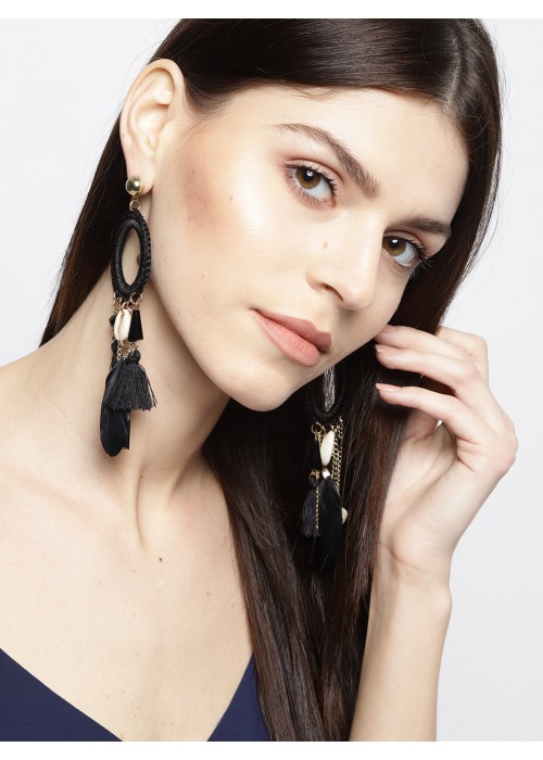 Jewels Galaxy Black Gold-Plated Handcrafted Tasseled Contemporary Drop Earrings 35055